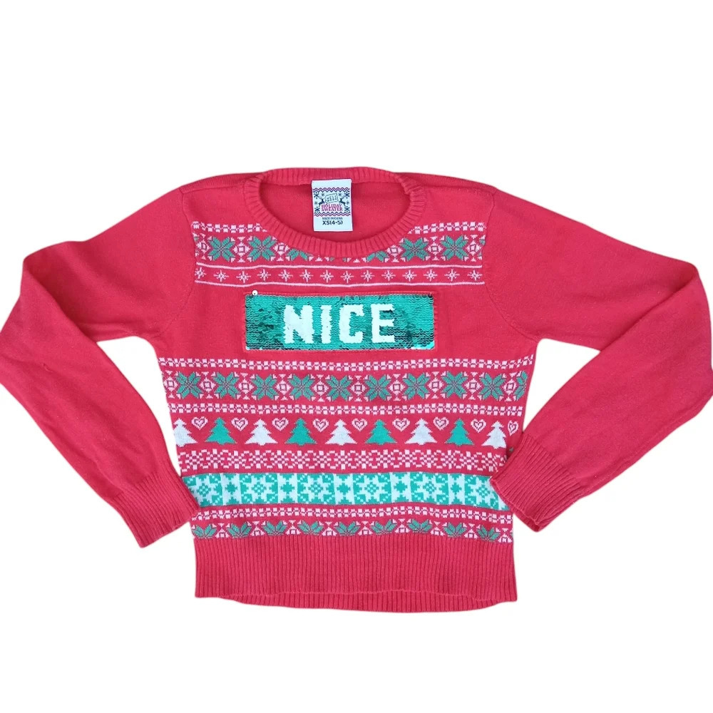 🍁4/$10Well Worn Holiday Sweater XS (4-5) "Nice" "Naughty" Red Green White